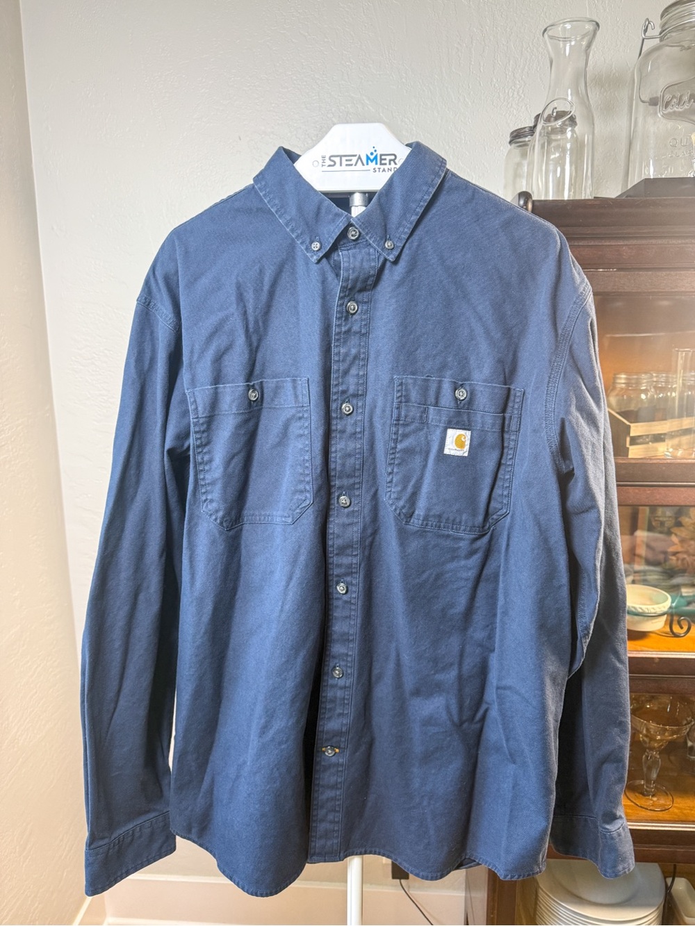 Carhartt Rugged Flex Relaxed Fit Work Shirt Navy Button Down Cotton Stretch XL